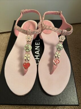 CHANEL Pink Embellished T-Strap Sandals